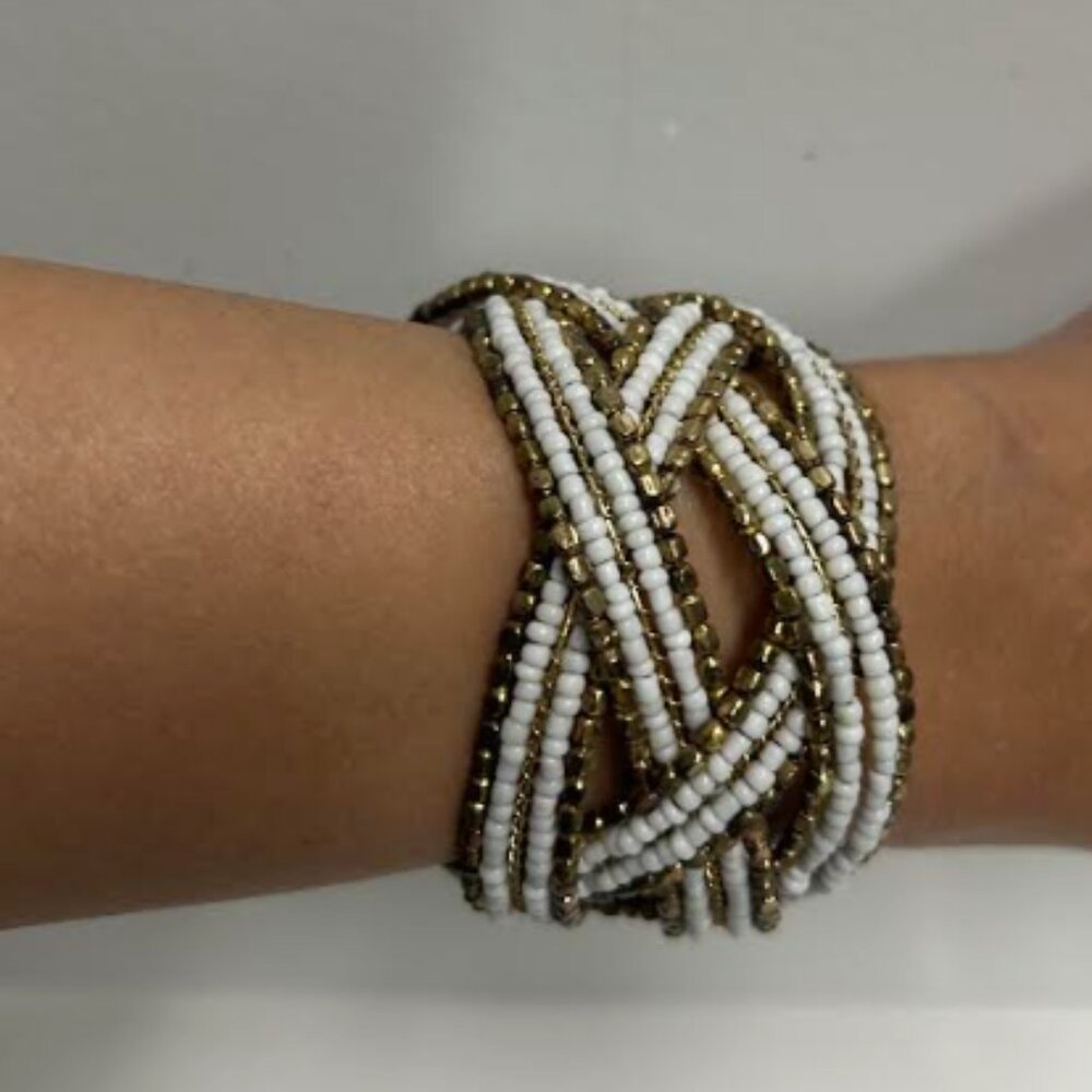 Anthropologie White & Gold Beaded Multi-Strand Bangle Bracelet